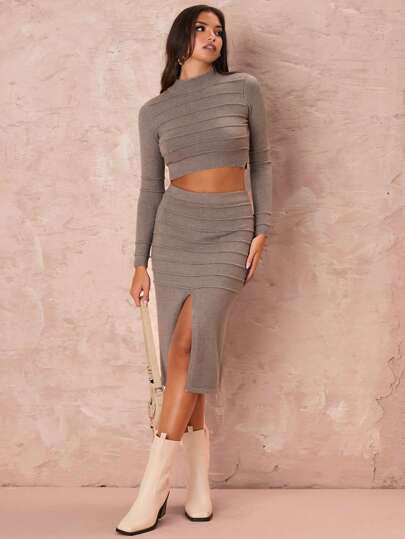 Glamine 2 piezas Conjunto de top de suéter de manga larga entallado de unicolor y falda A-line con abertura para mujer