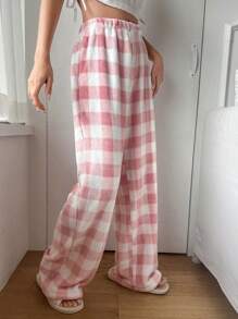 DAZY 珊瑚绒格子图案毛绒直筒舒适休闲裤，适合秋冬季居家穿着，蓬松柔软 - 粉色 - 查看 8