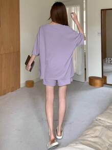DAZY 可爱兔子印花短袖短裤睡衣套装，宽松 - 紫色 - 查看 2