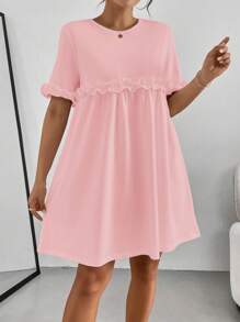 SHEIN Essnce 女士圆领短袖荷叶边下摆迷人甜美优雅连衣裙