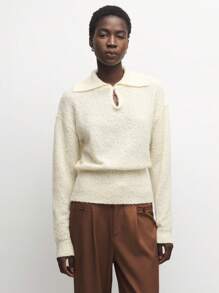 BizChic Beige Collar Hollow Out Drop Shoulder Loose Knit Sweater - Apricot - View 5