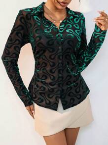 Rafferiza 女士印花时尚日常穿着长袖衬衫节日派对服装纽扣衬衫女士长袖上衣 - 綠色 - 查看 4