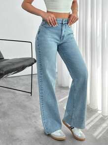 EURMUSE HOGH WAIST STRAIGHT CUT RAW HEM JEAN - Light Wash - View 3