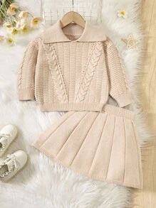 SHEIN Young Girl Rib Knit Striped Top And Pleated Skirt 2Pcs Sweater Set - Khaki - View 1