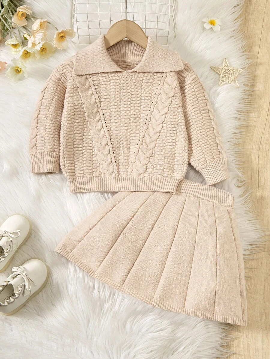 SHEIN Young Girl Rib Knit Striped Top And Pleated Skirt 2Pcs Sweater Set - Khaki - View 1