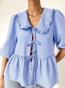 SHEIN Essnce 女士夏季宽松灯笼袖休闲可爱彼得潘领荷叶边蕾丝蓝格子衬衫上衣 - 藍白色 - 查看 2