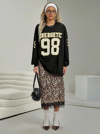 VARSITIE Retro Style Golf Black Loose Casual Alphanumeric Print Women Tees & Tanks