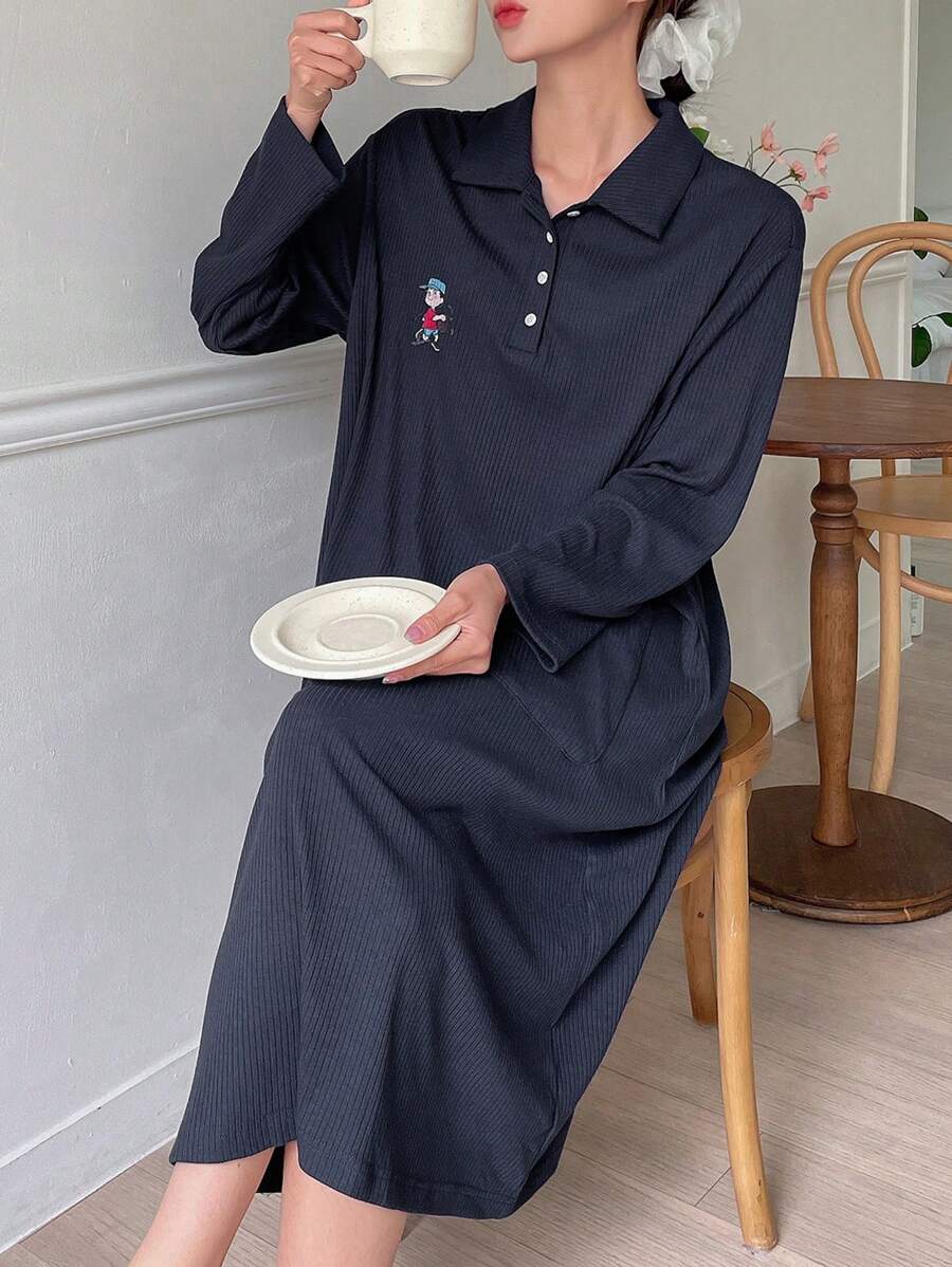 DAZY Cute Cartoon Print Half-Zip Casual Collared Loose Fit Lounge Dress Pajama - Navy Blue - View 1