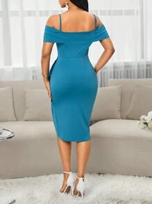 SHEIN Lady 圣诞派对礼服生日派对连衣裙婚礼嘉宾礼服单肩立体花朵装饰水蓝色开叉短裙派对聚会晚宴礼服女装 - 玫紅色 - 查看 2