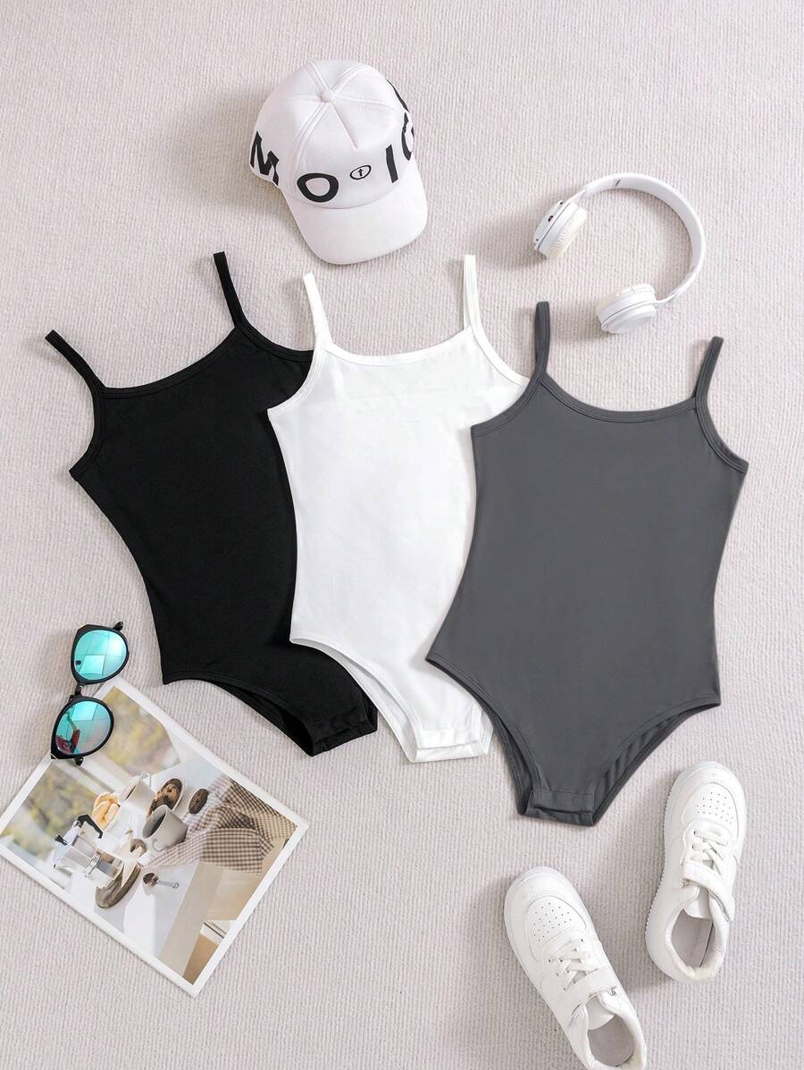 SHEIN 3 件套 Tween 女童纯色简约舒适休闲连体裤 - 深灰色 - 查看 1