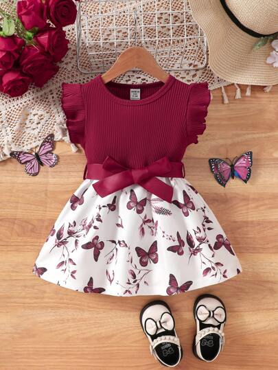 SHEIN Baby flickor Casual Vardags All-Match Söt fjärilstryck klänning med bälte, lämplig för utflykter