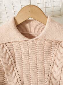 SHEIN Young Girl Rib Knit Striped Top And Pleated Skirt 2Pcs Sweater Set - Khaki - View 3