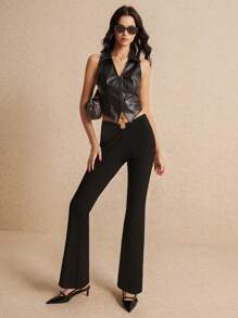 SHEIN Frenchy Y2k V-Neck Waist Hoop Design With Pit Article Fabrics, Knitted Long Flare Leggings Pants, Women Clothes, Casual Women Dresses, Fall Clothes, Women Dresses, Black Leggings - Black - View 3