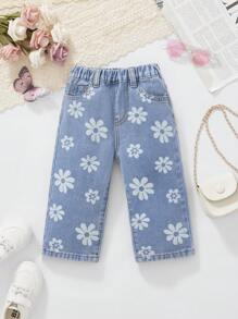 Baby Girls Cute Flower Printed Medium Blue Simple Casual Four Seasons All-Match All-Match Denim Pants