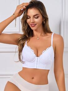 SHEIN Sexy Romantic Casual Comfortable Front Closure Lace Bra With Push-Up And Side Support Features, Anti-Sagging, And Adjustable, 1pc - White - View 6
