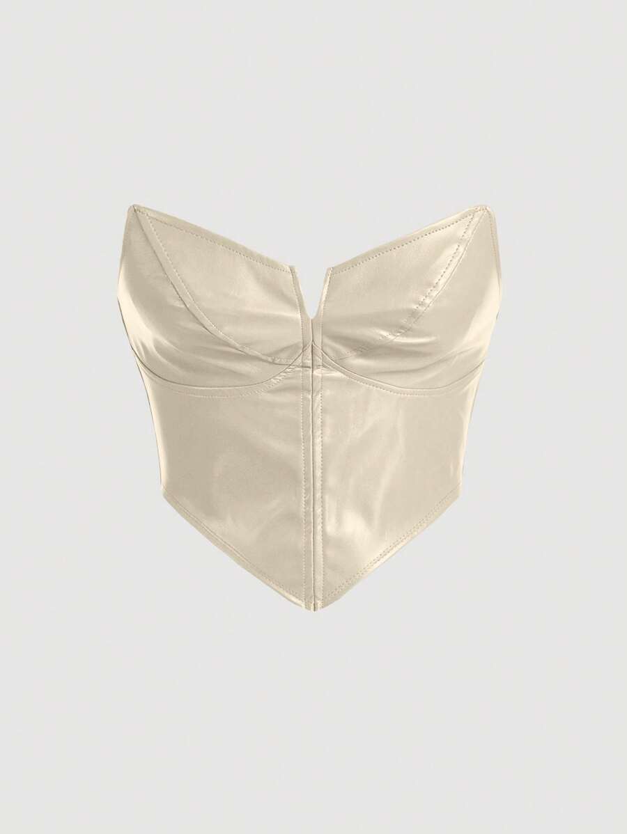 SHEIN MOD Solid Hanky Hem PU Leather Tube Top - Beige - View 1