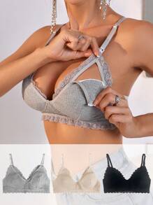 SHEIN 孕妇多色蕾丝拼布肩带文胸套装 - 彩色 - 查看 1