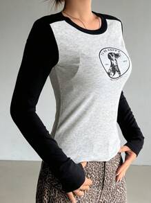 DAZY Women's Letter Print Color Block Long Sleeve T-Shirt,Fall Clothes Graphic Tee - Grey - View 4