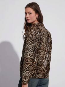SHEIN EZwear Abrigo informal de PU con estampado de leopardo con hombros descubiertos y cierre de cremallera estilo años 90 - Multicolor - Ver 2