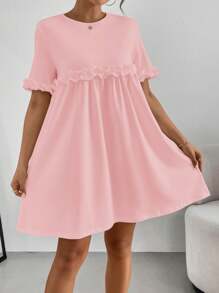 SHEIN Essnce 女士圆领短袖荷叶边下摆迷人甜美优雅连衣裙