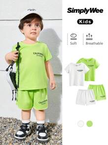 SHEIN Set di maglietta a maniche corte a maglia e pantaloncini con vita elastica per bambino/a sportivo/a casual con stampa a lettere, combinazioni multiple (2 set/4 set)