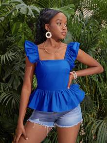 SHEIN Áo sơ mi hở lưng dệt rời có nơ cho bé gái tuổi teen - Xanh đậm - Xem 2