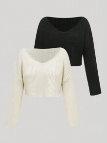 SHEIN Unity Set pulover tricotat cu decolteu în V pentru damă, culoare solidă, stil elegant și moale