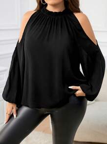 SHEIN Clasi Plus Size Cold Shoulder Long Sleeve Fitted Elegant Black Blouse - Black - View 6