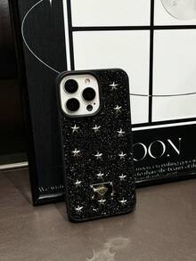 1pc Luxury 5-Pointed Star Rhinestone Dual Layer Protective Phone Case Compatible With IPhone 15 14 13 12 11 Pro Max, Black - Black - View 3