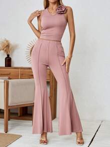 Calvaya Top elegante de mujer sin mangas con cuello en V, con adornos de flores 3D en unicolor, 2 piezas