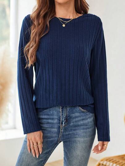 EMERY ROSE Roupa de Mulher para Outono, Camiseta de Manga Longa e Gola Redonda Azul Marinho
