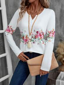 EMERY ROSE Women Floral Print Notch Neck Long Sleeve T-Shirt - White - View 4