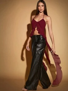 Hauture 自系纯色荷叶边开衩前挂脖长上衣 - 酒紅色 - 查看 8