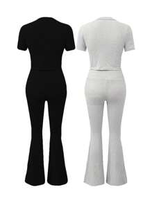 INAWLY Solva Bộ 2 chiếc áo khoác và quần ống loe màu trơn thường ngày cho nữ, mùa xuân hè - Nhiều màu - Xem 3