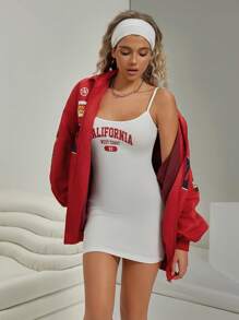 VARSITIE 高尔夫网球休闲女式拉链字母与图案印花休闲长袖夹克 - 紅色 - 查看 6