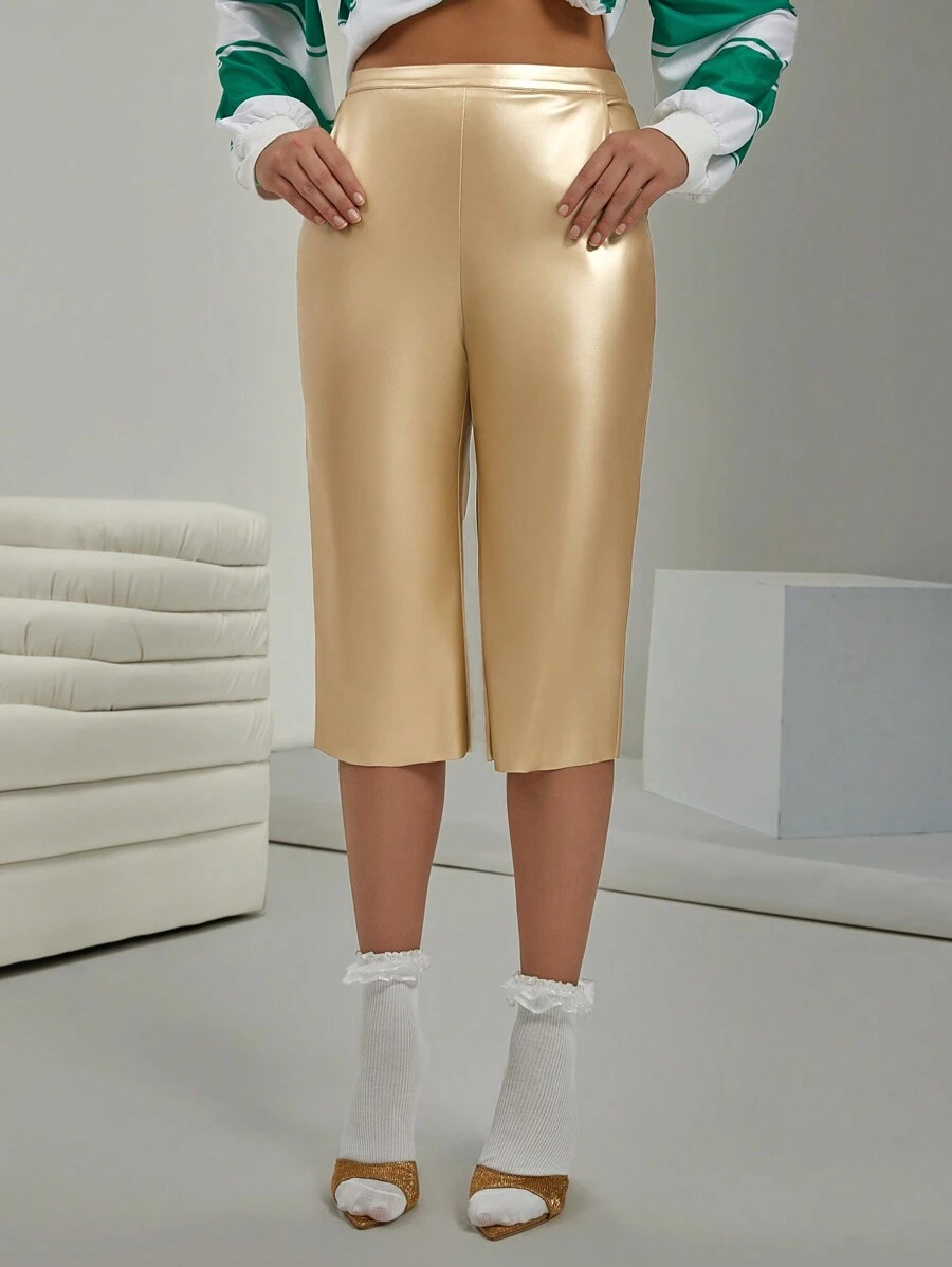 VARSITIE 复古风格高尔夫金色亮面高腰休闲女裤 - 金色 - 查看 1