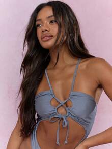 MISSGUIDED Halter Neck Cut-Out High Leg One Piece Swimsuit Summer - Grey - View 3