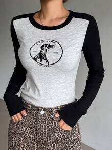 DAZY Women's Letter Print Color Block Long Sleeve T-Shirt,Fall Clothes Graphic Tee - Grey - View 5