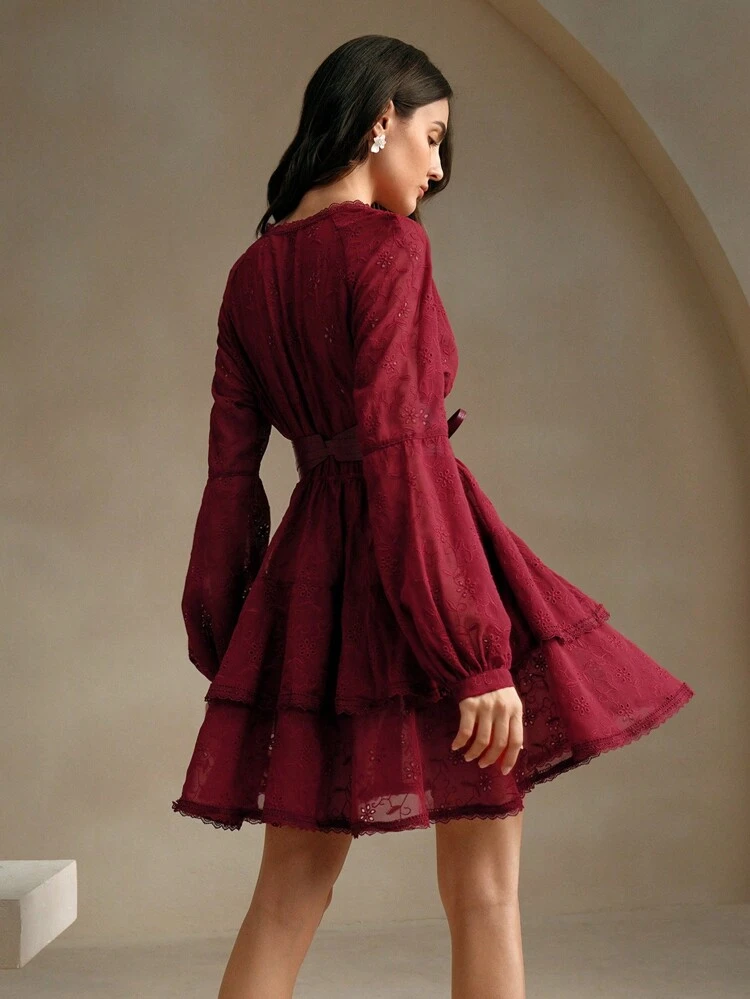 Women Deep V-Neck Solid Color Waisted Long Sleeve Casual Dress Burgundy Maxi Women Outfit