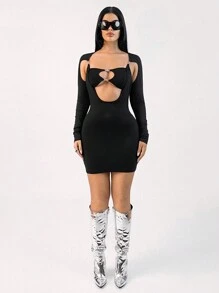SHEIN ICON Vestido negro metálico asimétrico de Body ceñido con diseño hueco, minivestido de concierto para atuendo de mujer, ropa de mujer para otoño - Negro - Ver 5