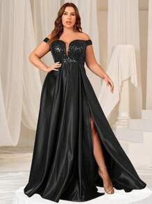 Faeriesty Váy dạ hội dài chữ A hở vai đính sequin xẻ cao dành cho người ngoại cỡ, hoàn hảo cho tiệc trang trọng, tiệc công ty, lễ trao giải, vũ hội từ thiện và sự kiện trang trọng. - màu đen - Xem 7