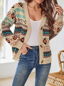 EMERY ROSE Women's Multicolor Jacquard Long Sleeve V-Neck Cardigan