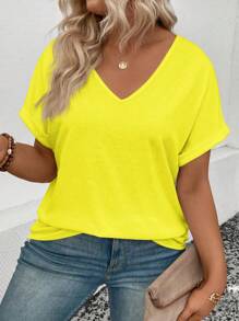 Plus Size Women V-Neck Cuffed Sleeve Casual T-Shirt - Yellow - View 3