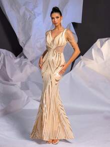 SHEIN Belle Elegant & Luxurious Champagne Apricot V-Neck Bustier Mesh Splice Side Net Hollow Waist Slim Handwork Beaded Tassel Decor Open Back Positioned Pearl Accented Short Train Party, Graduation, Wedding Formal Gown - Apricot - View 6