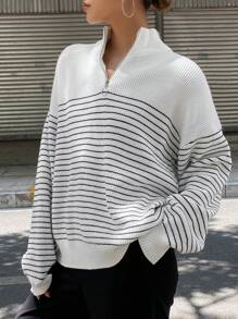 DAZY Striped Oversized Long Sleeve Zip-Up Turtleneck Sweater For Women,Fall Women Clothes - White - View 8