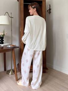 DAZY Cute Bear Letter Print Loose Fit Long Sleeve Top And Pants Pajama Set