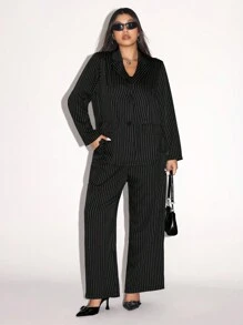 SHEIN ICON Plus Striped Minimalist Silhouette Suit Jacket And Pants - Black and White - View 3