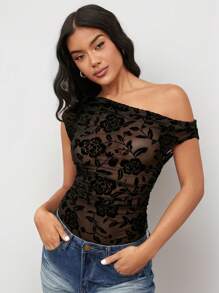 SHEIN BAE Damen Langarm Flocked Jacquard sexy transparentes asymmetrisches Schulter Bodysuit, elegante Feiertags-, Sommer-, Alltags- und Ausgehgarderobe, Herbst - Schwarz - Übersicht 2