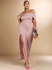 SHEIN BAE Plus Size Women's Summer Fashion And Elegant Party Inverted Pleated One-Shoulder Solid Black Stretch Knit Slit Long Dress