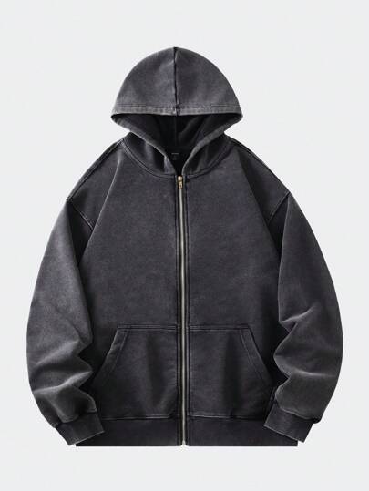 ROMWE MEN Casual 男士复古水洗宽松金属拉链连帽卫衣（领口、下摆和肩部接缝处加固，防止变形），适合上学、秋季穿着，长袖上衣